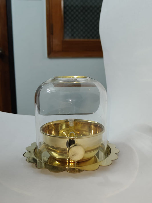 Brass Akhand Diya with Adjustable Bati, with Screw Lever for Puja, Borosilicate Glass