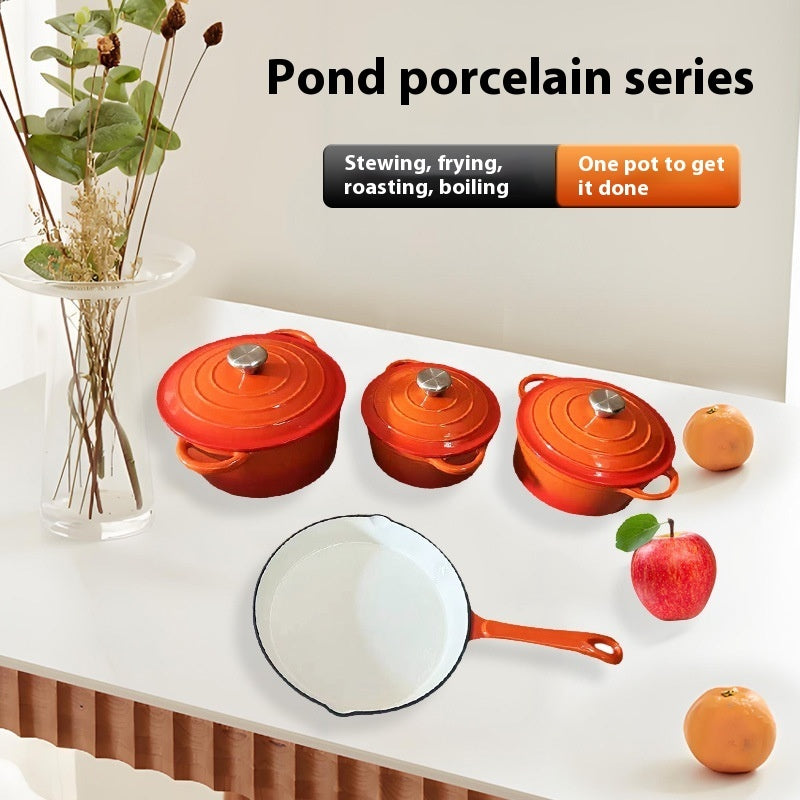 Inner White Enameled Cast-iron Cookware Household Enamel Soup Deep Stew Casserole Four-piece Set