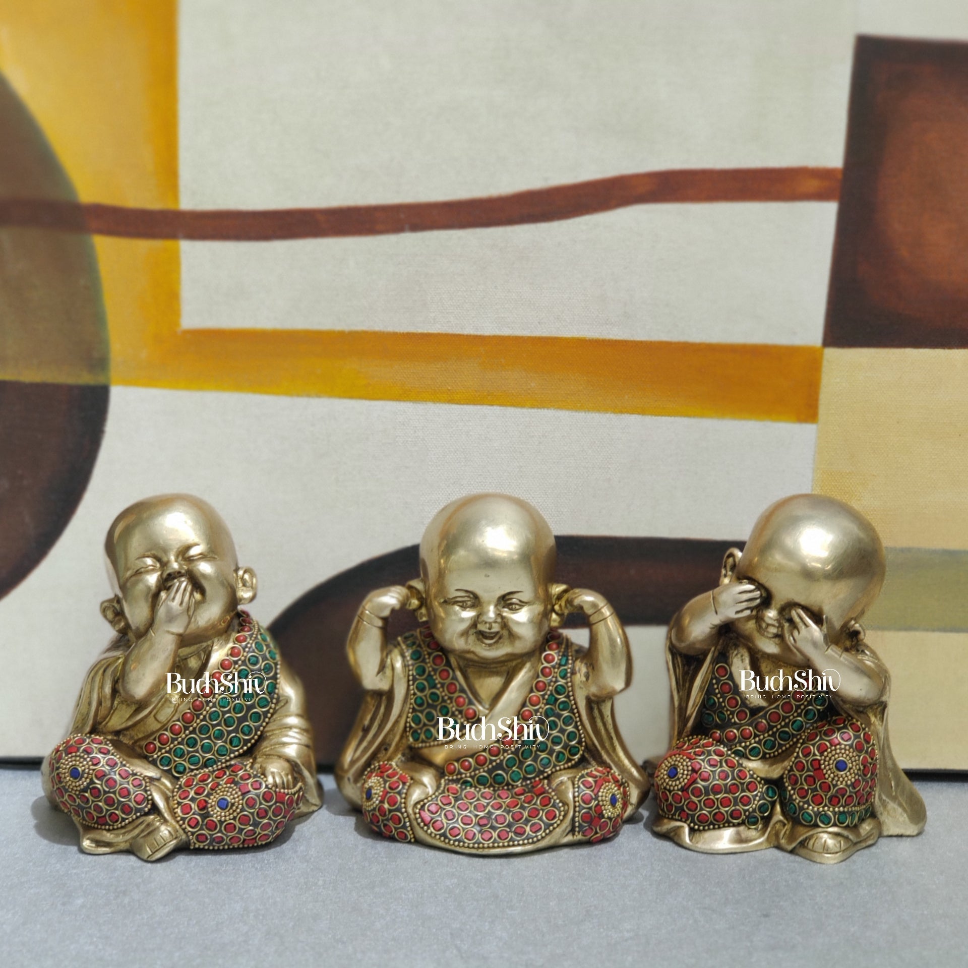 Image of Baby Laughing Buddha Monks Brass Statues | Sama Homes | span Enhance positive | Premium Brass & Wood Decor | Sama Homes - Eco-friendly - Sama Homes