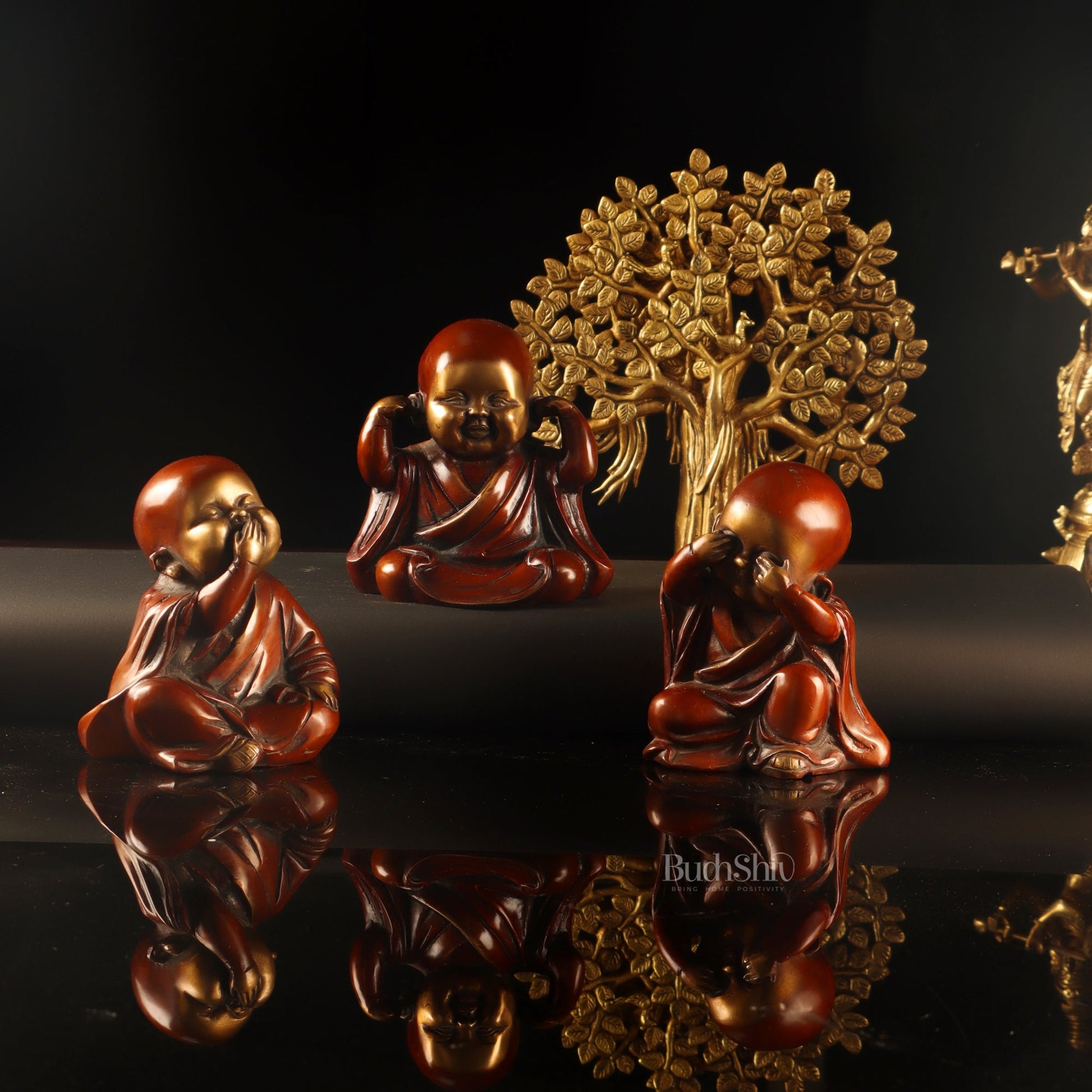 Image of Baby Laughing Buddha monks figures | span Bring home | Premium Brass & Wood Decor | Sama Homes - Eco-friendly - Sama Homes