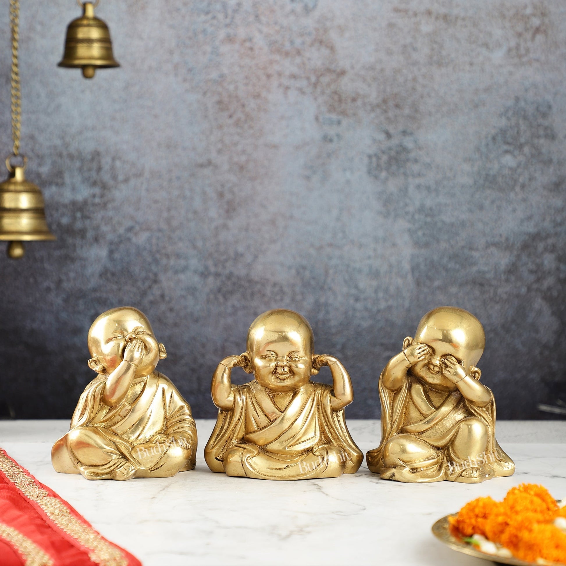 Image of Baby Laughing Buddha monks matte gold | span Introducing Baby | Premium Brass & Wood Decor | Sama Homes - Eco-friendly - Sama Homes