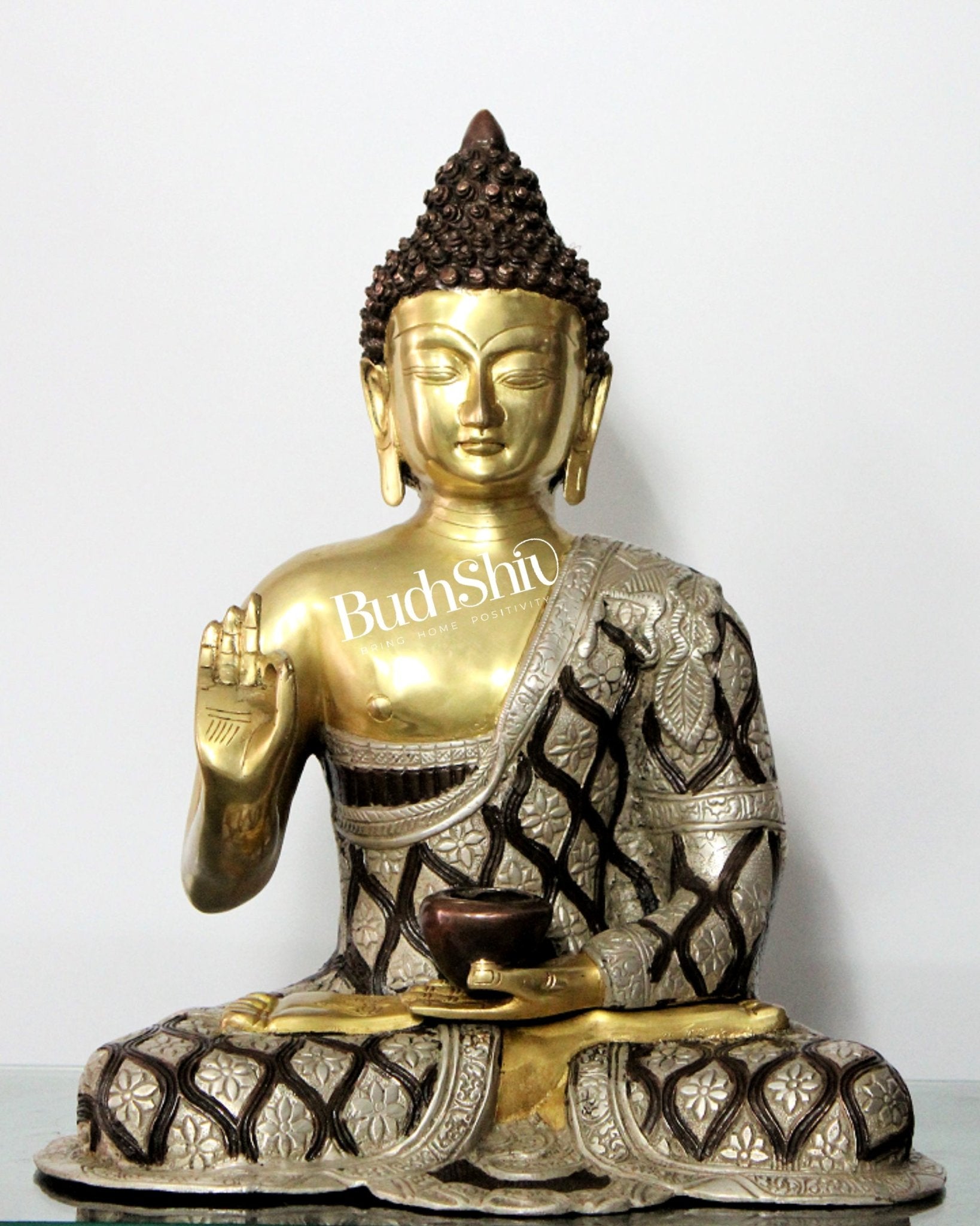 Image of Blessings and Healing: Buddha Brass Idol 17 inch | span Discover tranquility | Premium Brass & Wood Decor | Sama Homes - Eco-friendly - Sama Homes