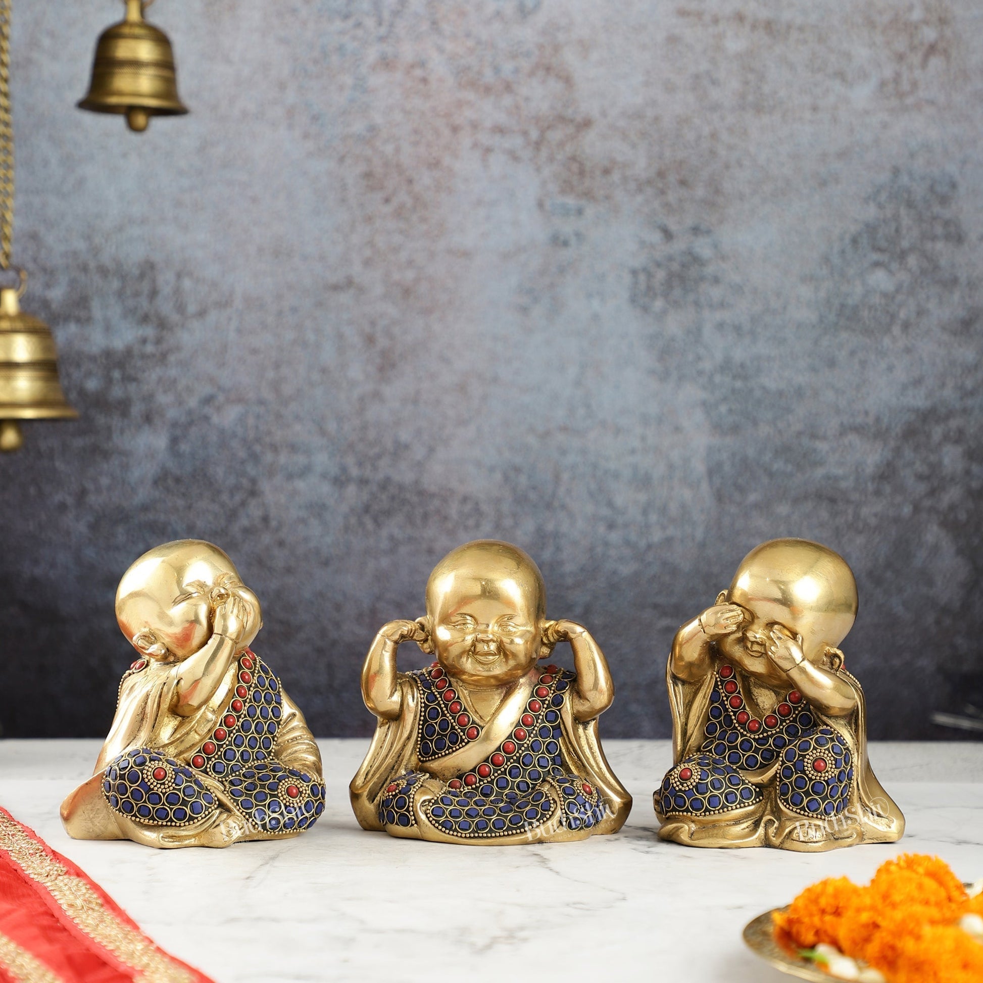 Image of Brass Baby Laughing Buddha Monks 5 inch set of 3 | span Infuse positivity | Premium Brass & Wood Decor | Sama Homes - Eco-friendly - Sama Homes