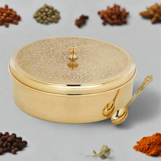 Handcrafted Antique Brass Masala Box Set for Kitchen with Spoon (7 Containers, 40 ML) 9" - Sama Homes