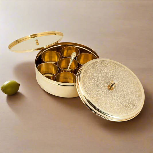 Sama Homes Beautiful Antique Brass Etched Spice Box/Masala box 9" with 7 detachable containers - Sama Homes