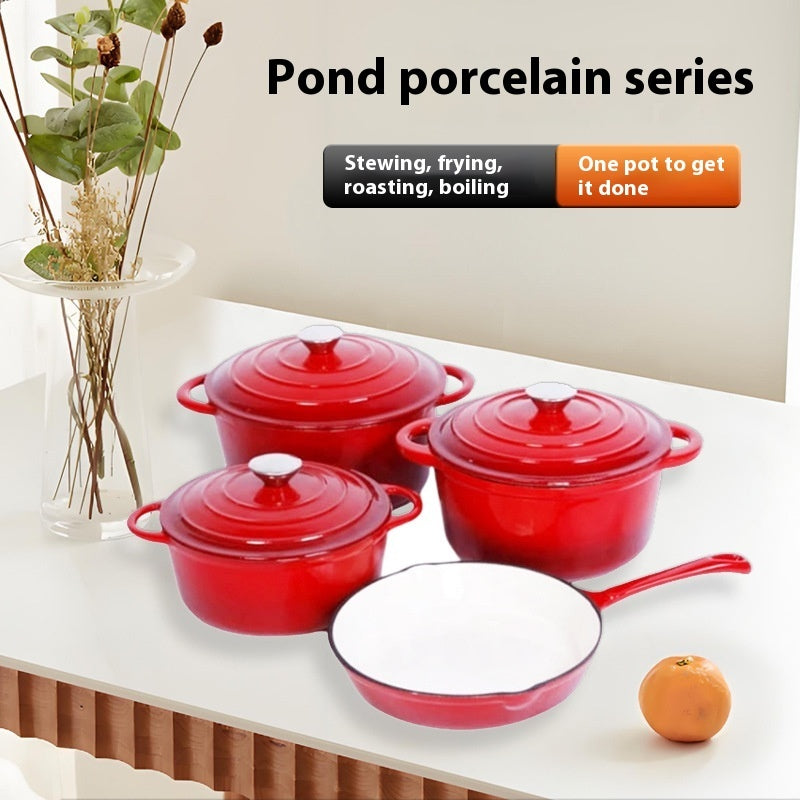 Inner White Enameled Cast-iron Cookware Household Enamel Soup Deep Stew Casserole Four-piece Set - Image 2