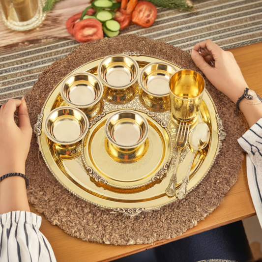 Pure Brass Etched Dinner Set of 10 Pieces - Sama Homes