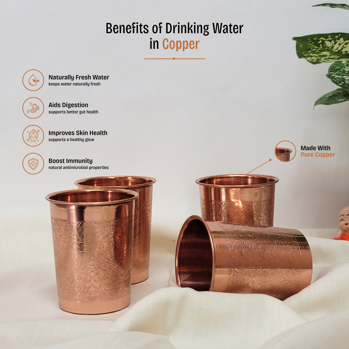 Pure Copper Water Glass Set of 2 Engrave Designed Tumbler Capacity 300ML by SAMA Homes - Copper Tumbler (View 9)