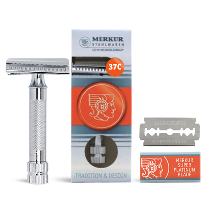 Merkur 37C 2-Piece DE Safety Razor, Slantbar Comb, Knurled Extra Thick Handle (HD), Chrome by Merkur - Double Edge Safety Razors