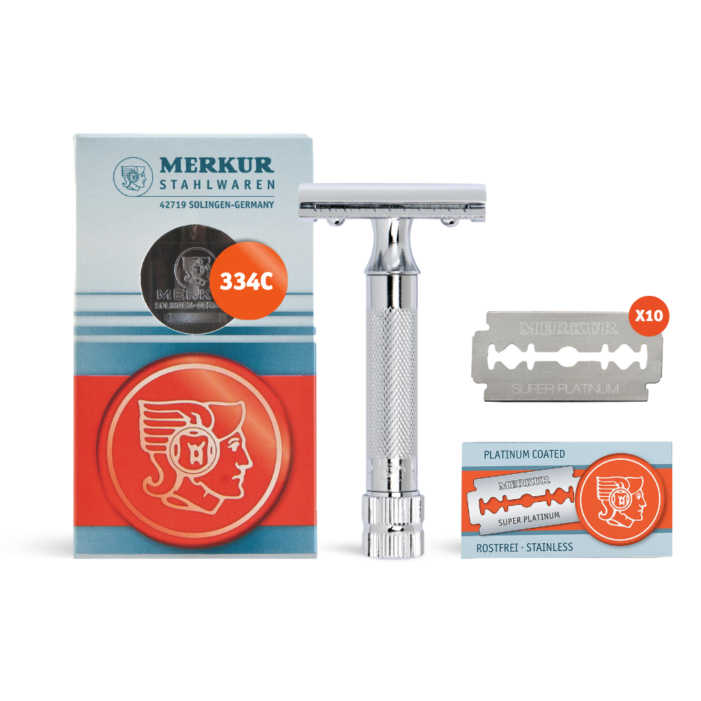 Merkur 34C 2-Piece DE Safety Razor, Closed Comb, Knurled Extra Thick Handle (HD), Chrome, in Hard Plastic Case with 10 Blades - Eco-friendly - Sama Homes