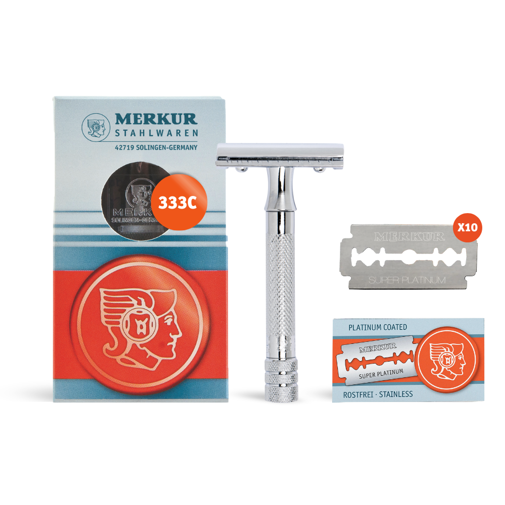 Merkur 333C Set of Classic Double-Edge Safety Razor, Bright Chrome Finish, 10 blades - Eco-friendly - Sama Homes