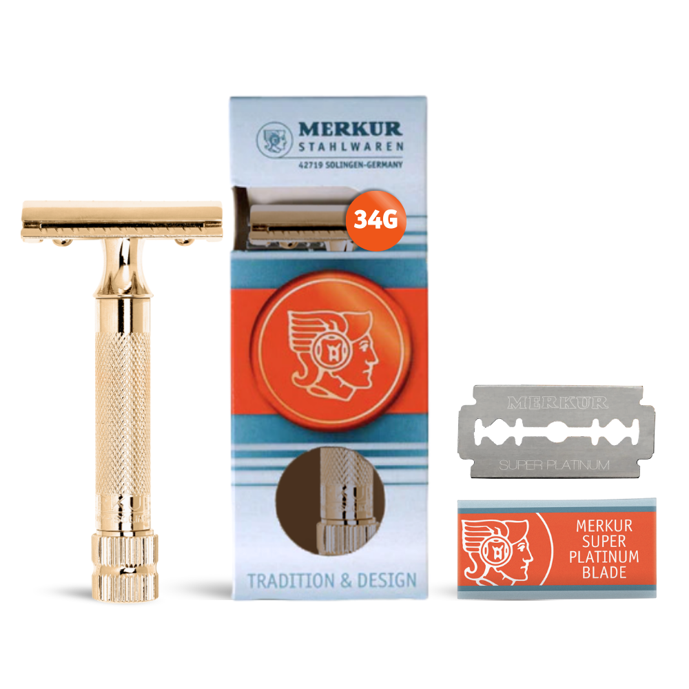 Merkur 34G 2-Piece DE Safety Razor, Closed Comb, Knurled Extra Thick Handle (HD), Gold - Eco-friendly - Sama Homes