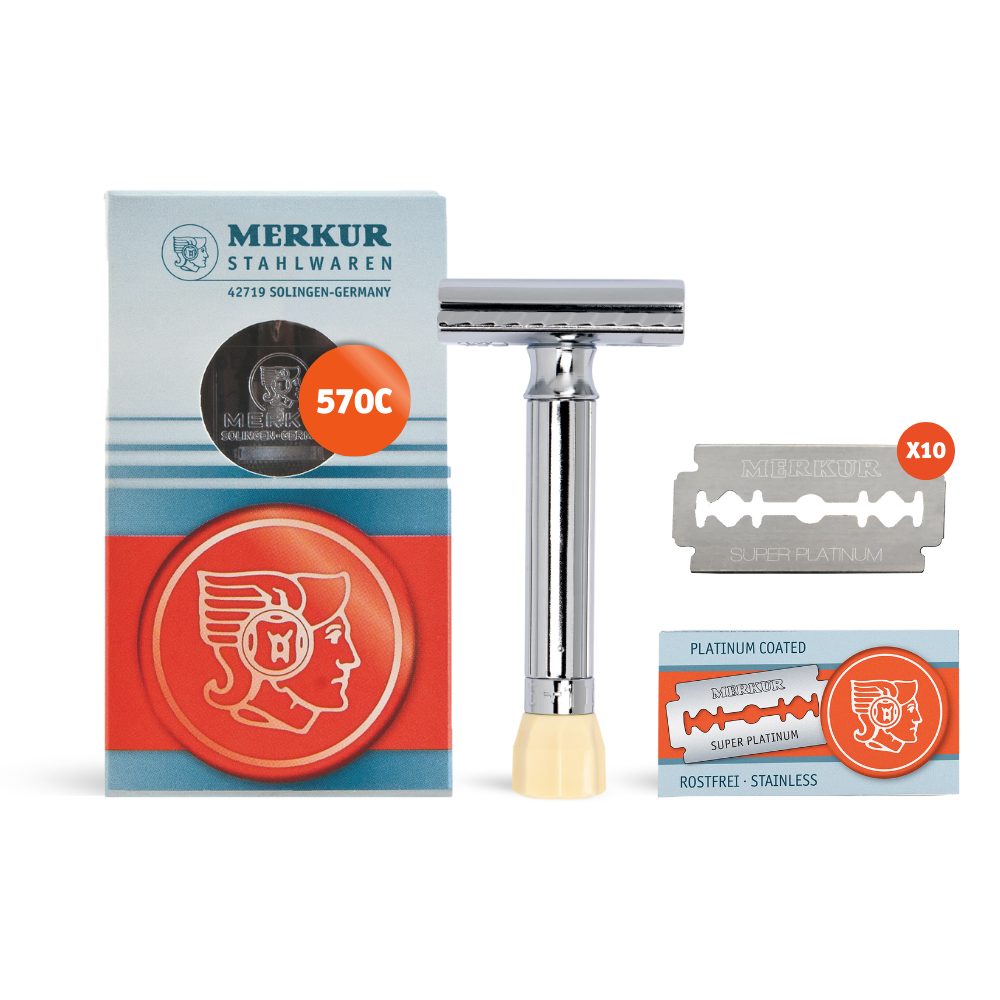 Merkur 3-Piece Shaving Set with Progress Adjustable Razor (500001), Hard Case and 10pack of blades, Chrome - Eco-friendly - Sama Homes