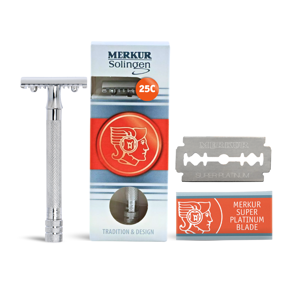 Merkur 25C 3-Piece DE Safety Razor, Open Tooth Comb, Knurled Extra Long Handle, Chrome - Eco-friendly - Sama Homes