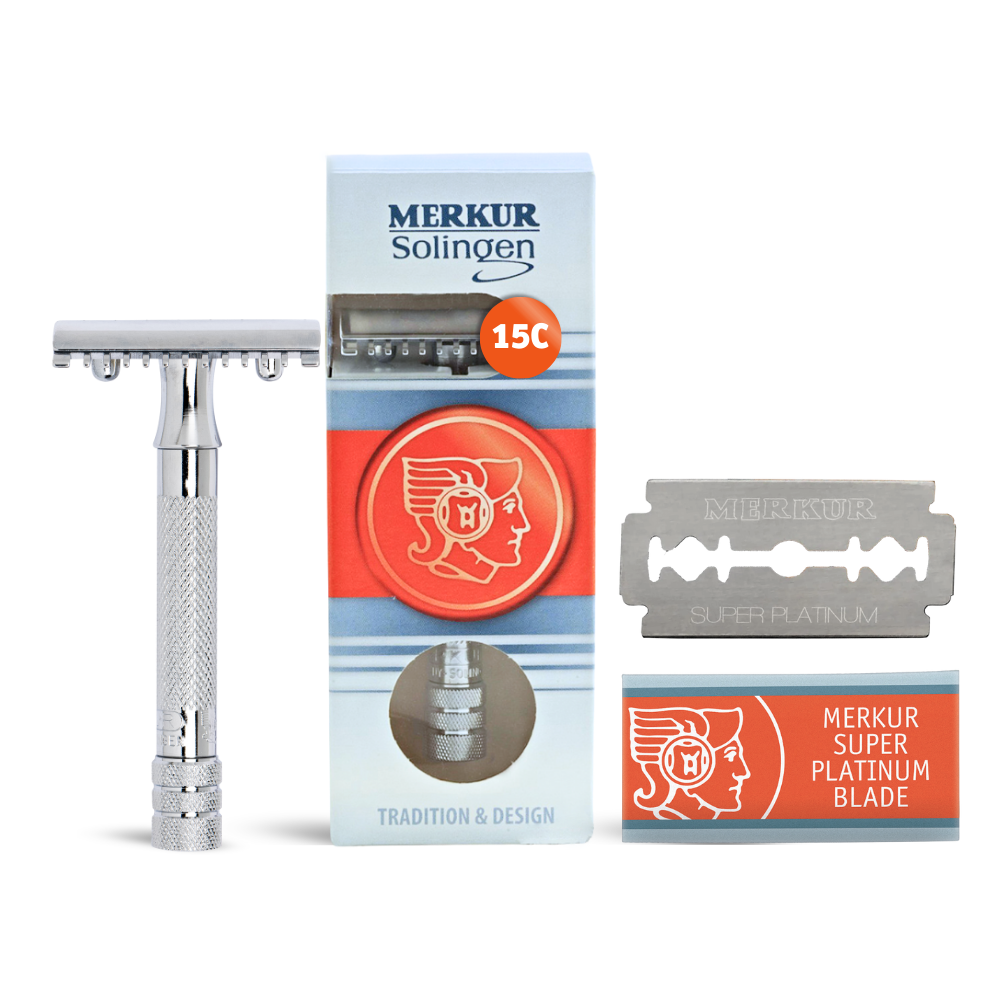 Merkur 15C 3-Piece DE Safety Razor, Open Tooth Comb, Knurled Standard Handle, Chrome - Eco-friendly - Sama Homes