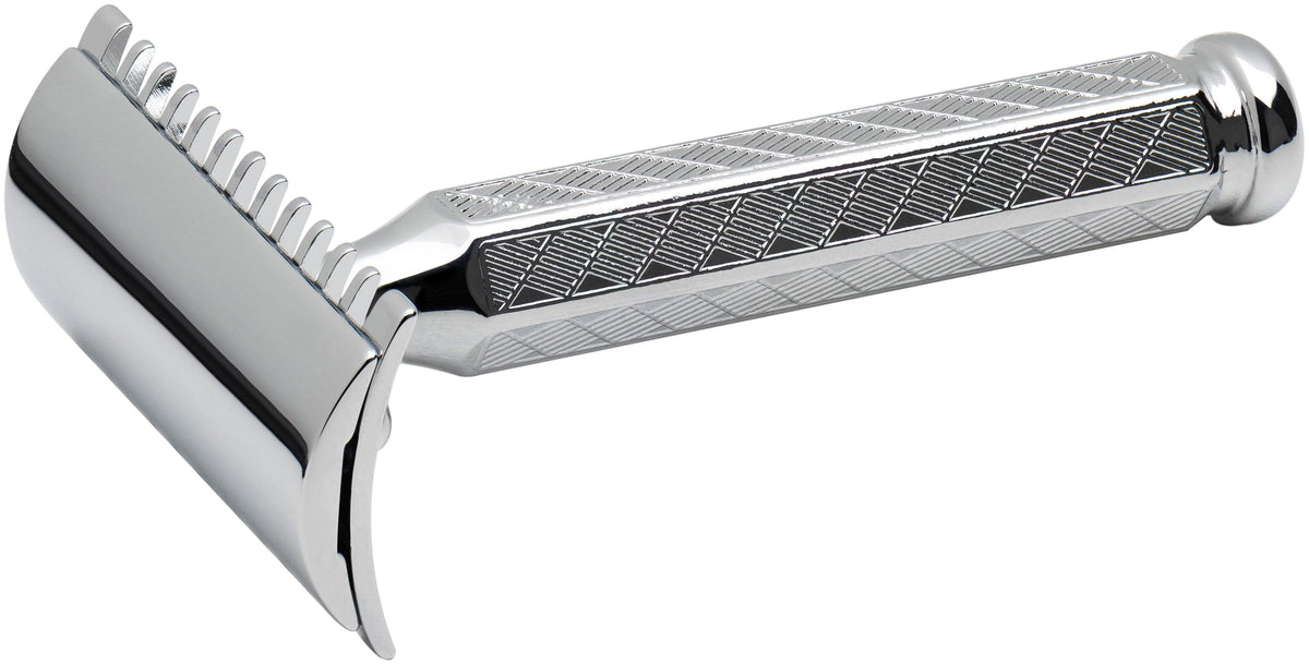 Merkur 41C 3-Piece DE Safety Razor, Open Comb, Classic 1906 Etched Handle, Chrome