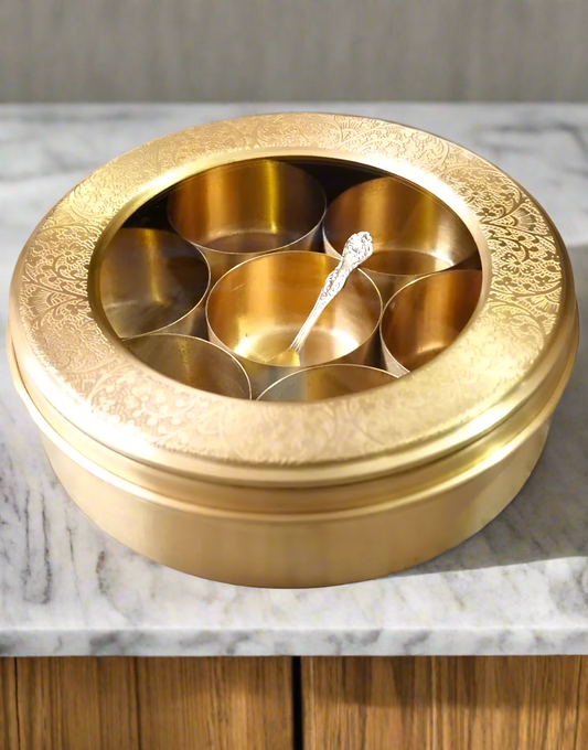 Brass Masala Box With Glass Cover Set for Kitchen with Spoon | Spice Organiser - Sama Homes