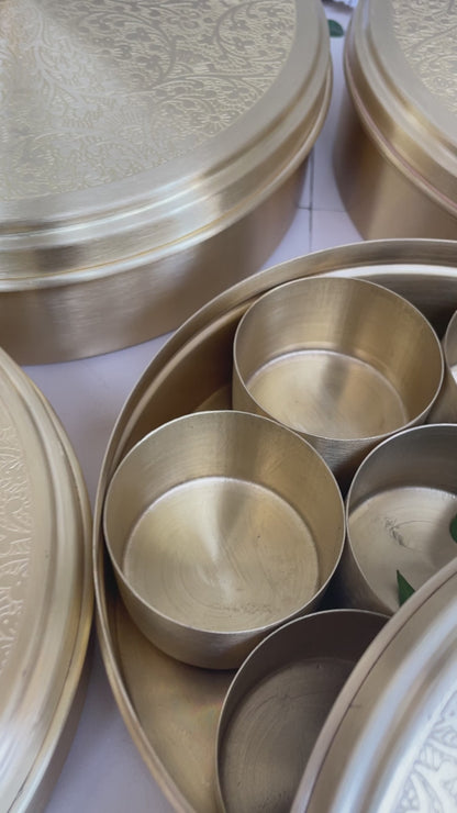 Elegant Handcrafted Brass Spice Box Etched Design | Matte Finish | Masala Box | 7 Containers with Spoon | 7 Inches and 9 Inches