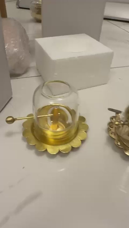 Brass Akhand Diya with Adjustable Bati, with Screw Lever for Puja, Borosilicate Glass