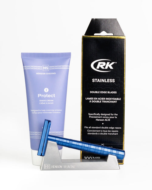 Henson Starter Bundle Steel Blue – AL13 Razor, Shave Cream & Stand