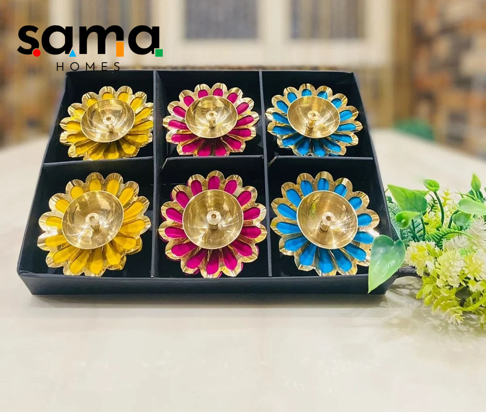 Sun Flower Shape Antique Brass Diwali Diya Set of 6 , For Temple Pooja Diwali Special - Sama Homes
