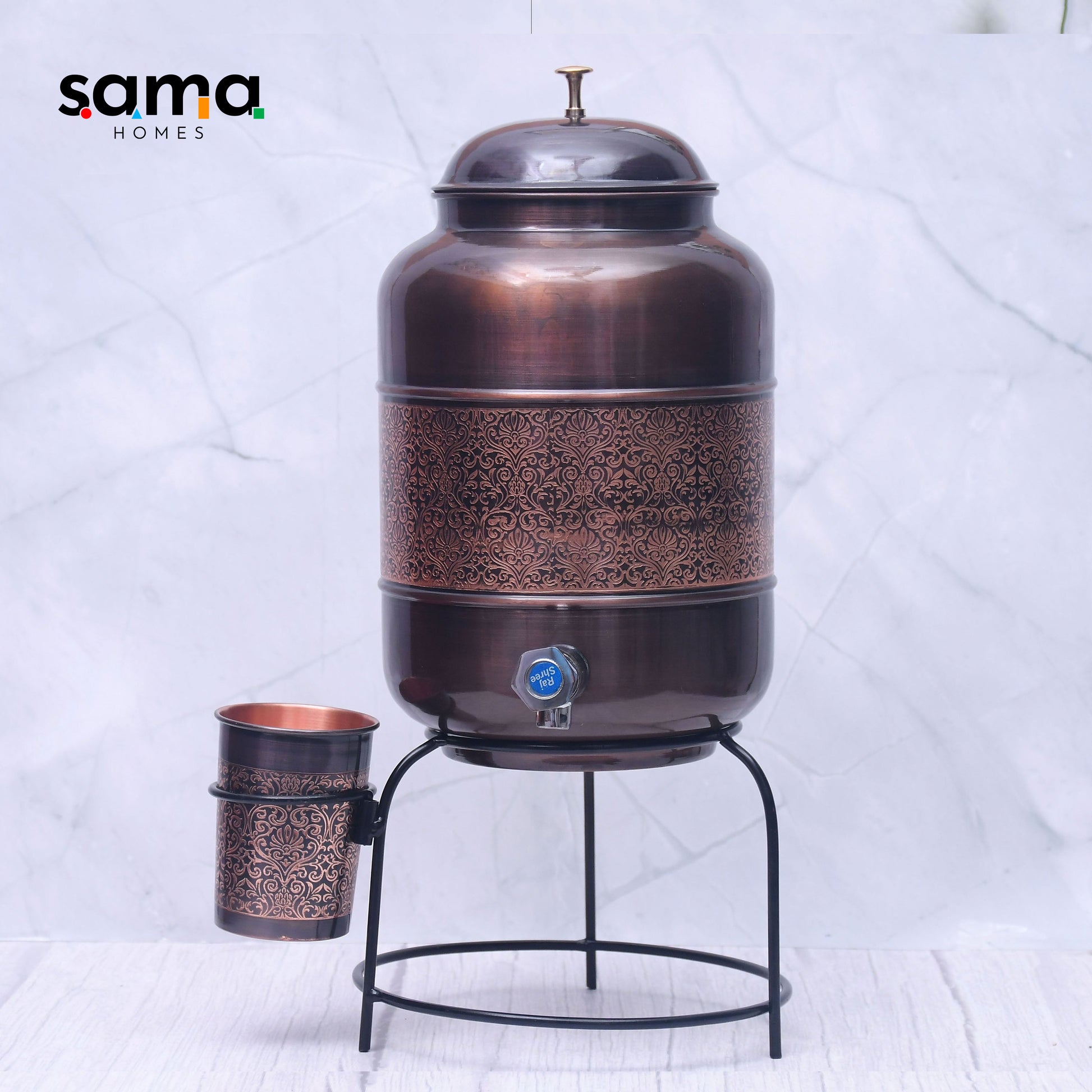 Pure Copper Water Dispenser with Glass and Stand Antique Engraved Designed Combo. - Sama Homes