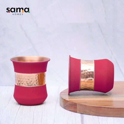 Pure Copper Water Glass Set of 2 Silk Red Cherry Half Hammered Damru Tumbler Capacity 300ML - Sama Homes