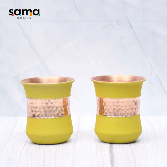 Pure Copper Water Glass Set of 2 Silk Yellow Half Hammered Damru Tumbler Capacity 300ML - Sama Homes