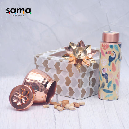 Pure Copper Bottle with Container Jar and Floral Candle Holder Set of 3 Combo - Sama Homes