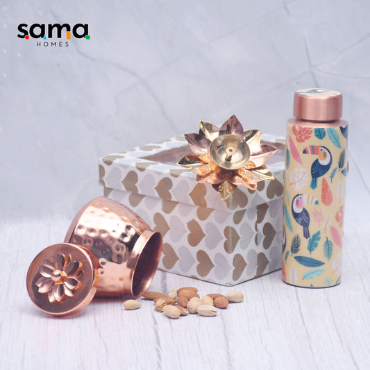 Pure Copper Bottle with Container Jar and Floral Candle Holder Set of 3 Combo - Sama Homes