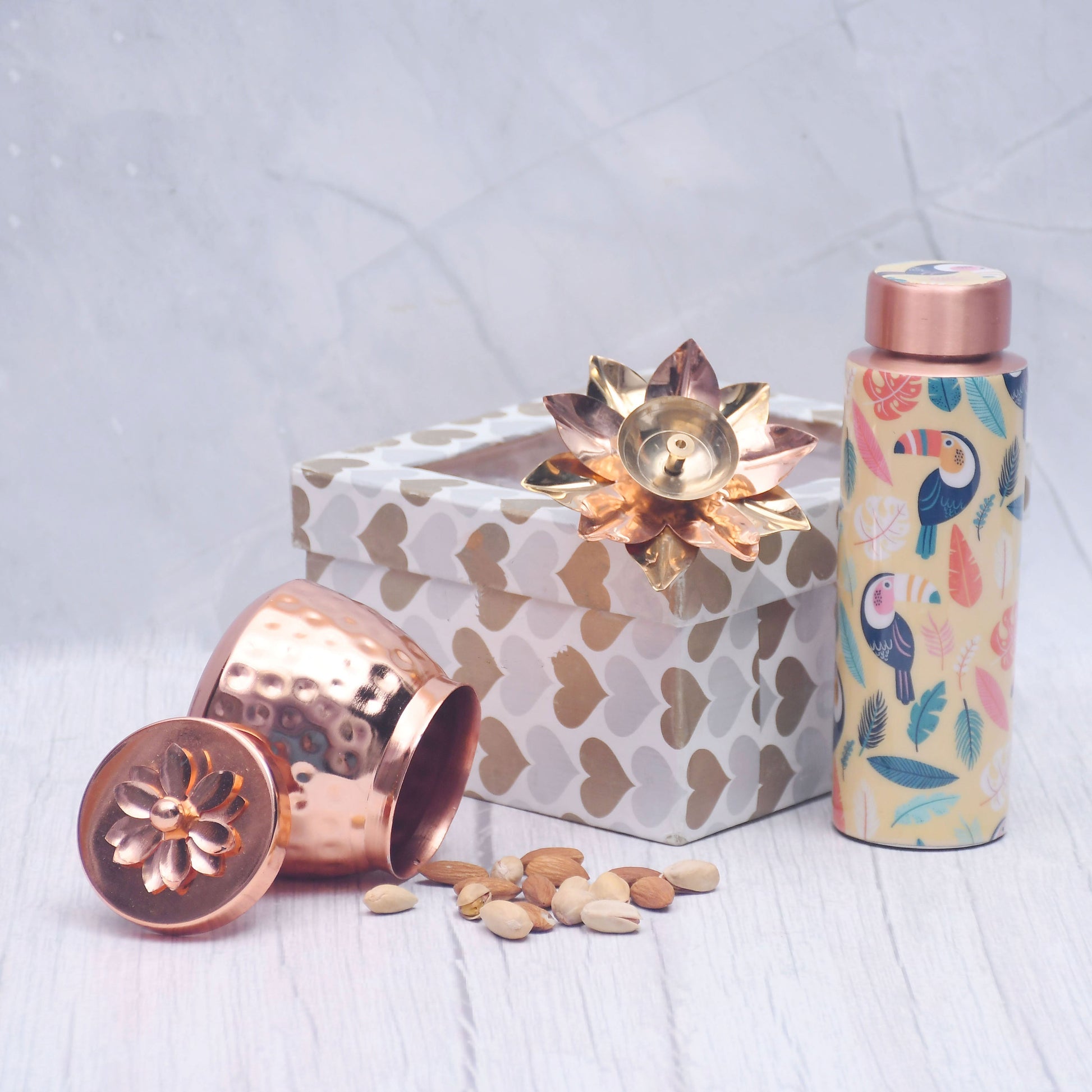 Pure Copper Bottle with Container Jar and Floral Candle Holder Set of 3 Combo - Sama Homes