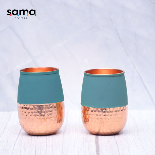 Pure Copper Water Glass Set of 2 Silk Green Half Hammered Dholak Tumbler Capacity 250ML - Sama Homes