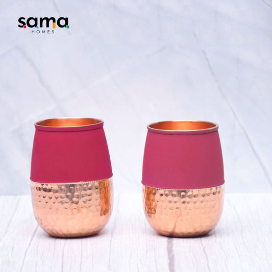 Pure Copper Water Glass Set of 2 Silk Red Cherry Half Hammered Dholak Tumbler Capacity 250ML - Sama Homes