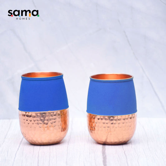 Pure Copper Water Glass Set of 2 Silk Blue Half Hammered Dholak Tumbler Capacity 250ML - Sama Homes