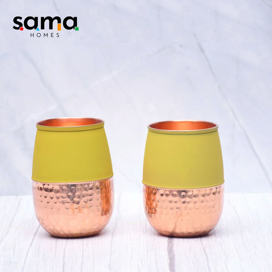 Pure Copper Water Glass Set of 2 Silk Yellow Half Hammered Dholak Tumbler Capacity 250ML - Sama Homes