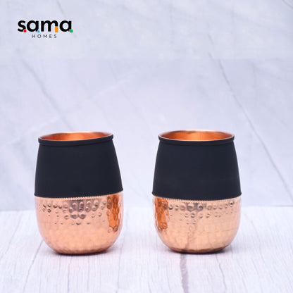 Pure Copper Water Glass Set of 2 Silk Black Half Hammered Dholak Tumbler Capacity 250ML - Sama Homes