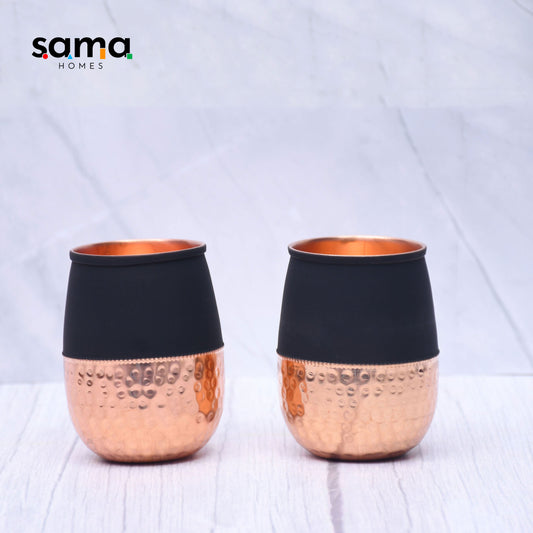Pure Copper Water Glass Set of 2 Silk Black Half Hammered Dholak Tumbler Capacity 250ML - Sama Homes
