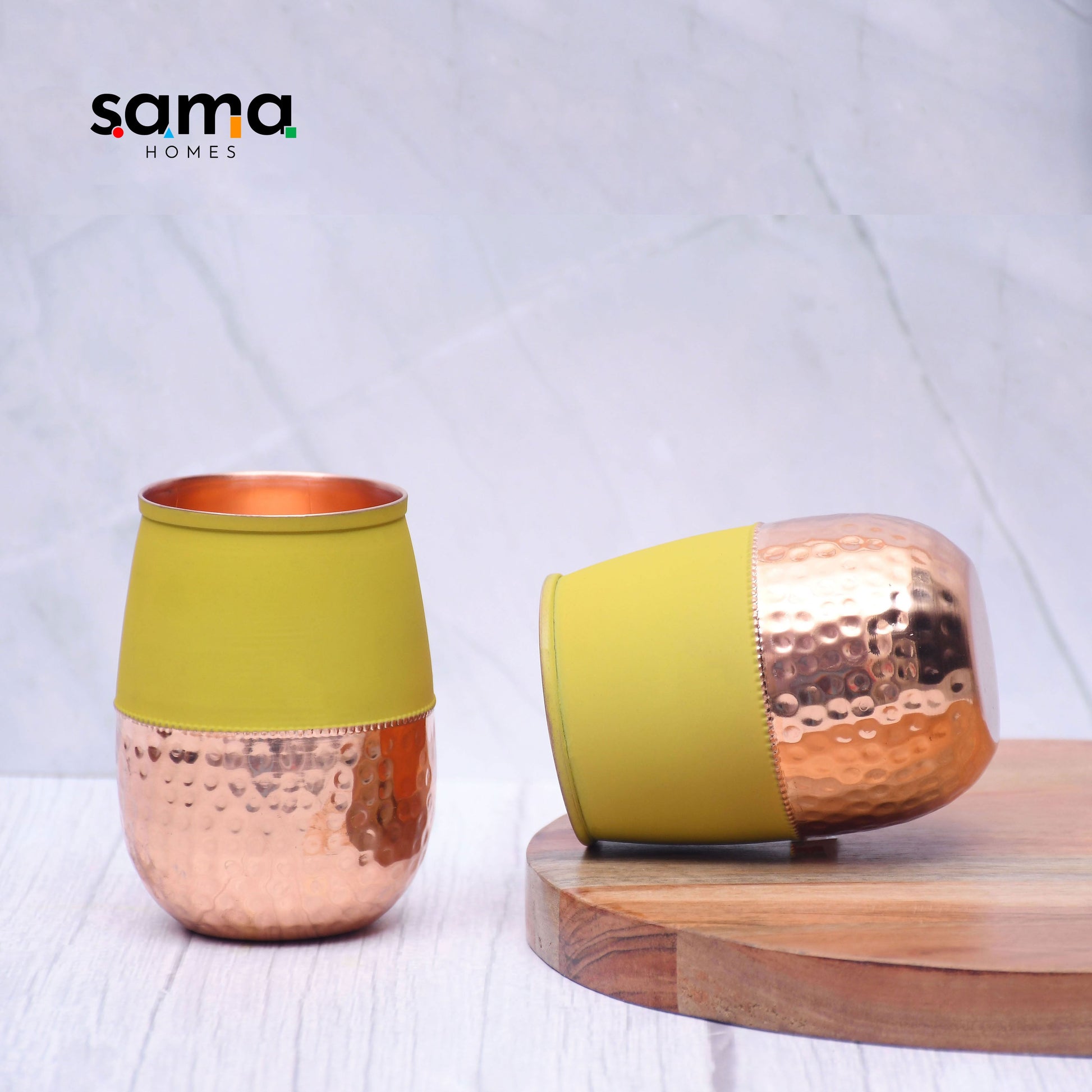 Pure Copper Water Glass Set of 2 Silk Yellow Half Hammered Dholak Tumbler Capacity 250ML - Sama Homes