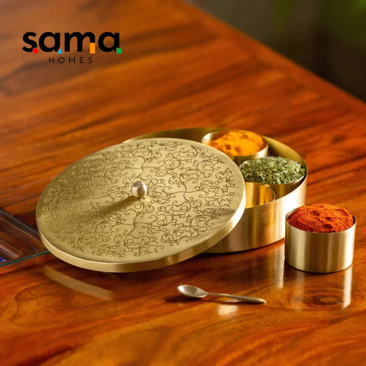 Handcrafted Brass Masala Box Set for Kitchen with Spoon (7 Containers, 40 ML) 5" - Sama Homes