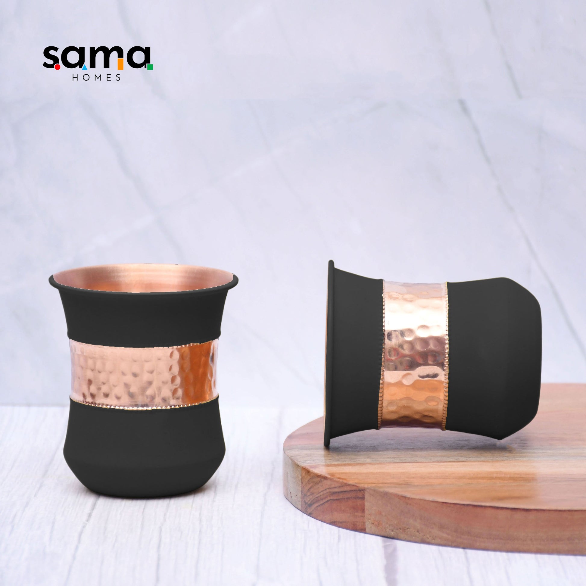 Pure Copper Water Glass Set of 2 Silk Black Half Hammered Damru Tumbler Capacity 300ML - Sama Homes