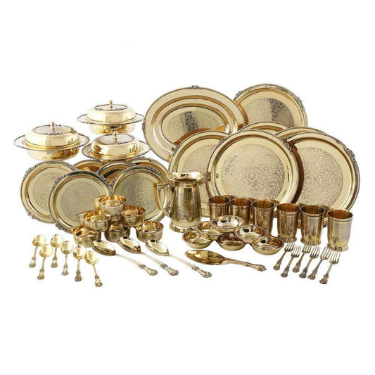 Royal Brass Hammered Dinner Set for 6 | 51-Piece Set | Luxurious Indian Dining Experience | Handcrafted Tableware - Sama Homes