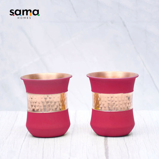 Pure Copper Water Glass Set of 2 Silk Red Cherry Half Hammered Damru Tumbler Capacity 300ML - Sama Homes