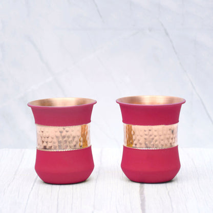 Pure Copper Water Glass Set of 2 Silk Red Cherry Half Hammered Damru Tumbler Capacity 300ML - Sama Homes