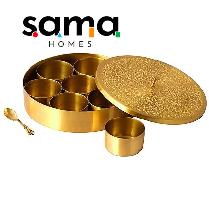 Handcrafted Brass Masala Box Set for Kitchen with Spoon (7 Containers, 40 ML) 6" - Sama Homes
