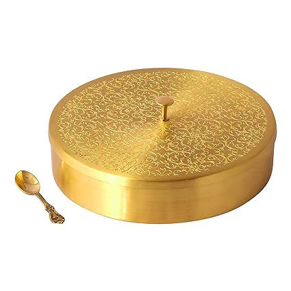Handcrafted Brass Masala Box Set for Kitchen with Spoon (7 Containers, 40 ML) 7 " - Sama Homes