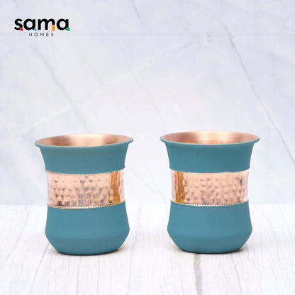 Pure Copper Water Glass Set of 2 Silk Green Half Hammered Damru Tumbler Capacity 300ML - Sama Homes