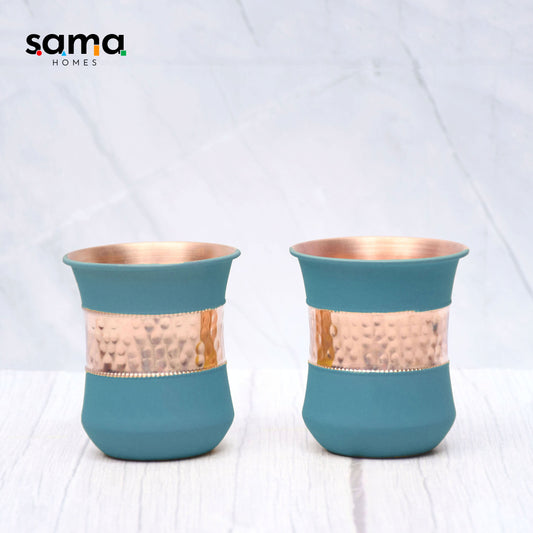 Pure Copper Water Glass Set of 2 Silk Green Half Hammered Damru Tumbler Capacity 300ML - Sama Homes
