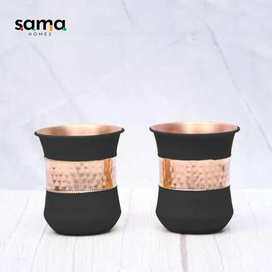 Pure Copper Water Glass Set of 2 Silk Black Half Hammered Damru Tumbler Capacity 300ML - Sama Homes