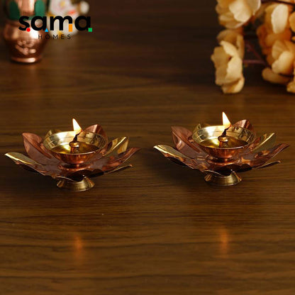 Pure Copper / Brass Elegant Handcrafted Metal Lotus Diya Set of 2 Diwali Special - Sama Homes