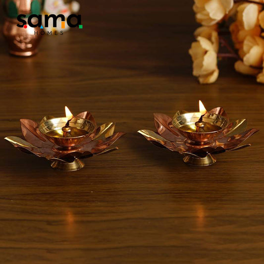 Pure Copper / Brass Elegant Handcrafted Metal Lotus Diya Set of 2 Diwali Special - Sama Homes